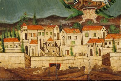 Pelmet die de Wedergeboorte van Griekenland uitbeeldt, detail van Constantinopel, van Syros, Cycladen door Greek School