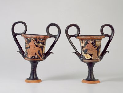 Roodfiguur kantharos met afbeelding van een jongeman en kantharos met afbeelding van een vrouw, ca. 310 v.Chr. door Greek School
