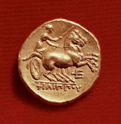 Keerzijde van een stater van Philip II (382-336 v.Chr.) van Macedonië met een wagenmenner, 356-336 v.Chr. (goud) door Greek School