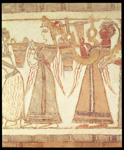 Rituele aanbiddingsscène, mogelijk betreffende de verering van de doden, detail van decoratie op een sarcofaag uit een graf in Ayia Triada, Kreta, Laat-Minoïsche periode, ca. 1390 v.Chr. door Greek School