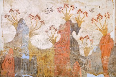 Kamer van lelies of lente, Akrotiri fresco, Thera (nu Santorini), Griekenland, Minoïsche beschaving door Greek School