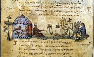 De jacht op vogels bij de roep. Grieks manuscript door Oppianus De Venatione door Greek School