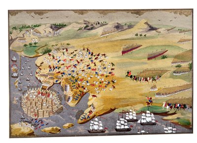 Verschillende belegeringen van Missolonghi en de dood van Lord Byron (1788-1824) in 1824, uit de Picturale Geschiedenis van de Griekse Onafhankelijkheidsoorlog door Greek School