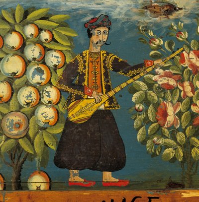 Detail van een muzikant van een kist, van Mytilini, Lesbos, 18e-19e eeuw door Greek School