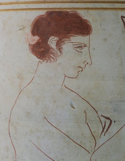 Attische lekythos, toont een begrafenisscène van een krijger zittend voor zijn graf, 420-410 v.Chr., toegeschreven aan de schilder Parrhasius van Efeze, witgrond aardewerk uit Athene, Griekenland. Detail. Griekse beschaving, 5e eeuw v.Chr. door Greek School