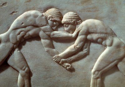Wedstrijd tussen atleten, reliëf uit de Necropolis van Kerameikos in Athene, Griekenland, detail, Griekse beschaving, 6e eeuw v.Chr. door Greek School