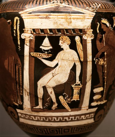 GRIEKSE KUNST: Apulische rode figuur volute-krater. Funeraire scène. Offering ins..., ca. 330-320 BC (aardewerk) door Greek School