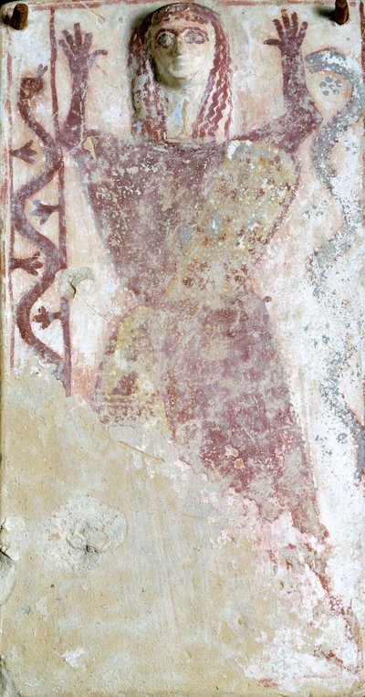 Polychroom schilderij op pinax en reliëf met vrouwelijke godheid met slang uit Agora van Athene, Griekse beschaving, 7e eeuw v.Chr. door Greek School
