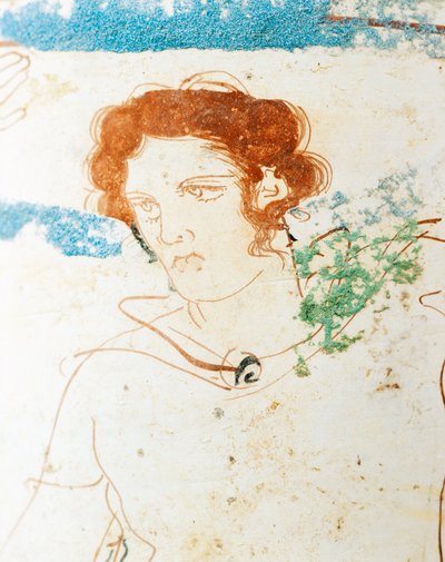 Witte grond aardewerk, Attische lekythos met grafscène met krijger voor graf, detail door Greek School
