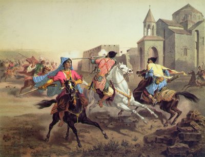 Schermutseling van Perzen en Koerden in Armenië, gedrukt door Alfred Leon Lemercier, Parijs, ca. 1850-60 door Grigori Grigorevich (after) Gagarin