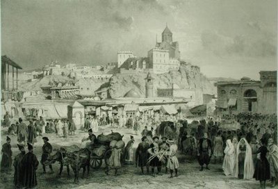 De Bazaar op het Maidan-plein, Tiflis, Georgië, plaat 25 uit een boek over de Kaukasus, gegraveerd door Adolphe Jean-Baptiste Bayot (1810-66) en Eugene Ciceri (1813-90), gepubliceerd door Alfred Leon Lemercier, Parijs door Grigori Grigorevich (after) Gagarin