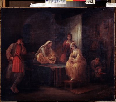In de kamer, oriëntalistische scène met danseressen uit Shamakha in Azerbeidzjan verzameld in een harem, schilderij van Grigori Grigorievich Gagarin (1810-1893), olie op doek, Russische kunst 19e eeuw, Staats Georgisch Kunstmuseum, Tbilisi door Grigori Grigorevich Gagarin