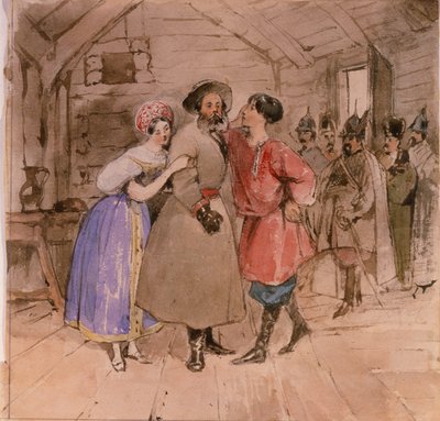 Scène uit de opera Een leven voor de tsaar Ivan Susanin door M. Glinka, eind jaren 1830 door Grigori Grigorevich Gagarin