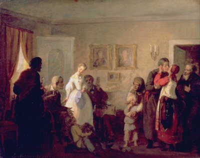 Het feliciteren van de pasgetrouwden in een landhuis door Grigori Grigorievich Mjasoedov