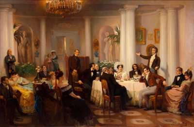 Pushkin en zijn vrienden luisteren naar Adam Mickiewicz in de salon van prinses Zinaida Volkonskaya, 1899 door Grigori Grigorievich Mjasoedov