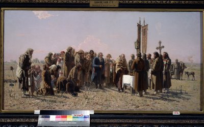Russische boeren en een orthodoxe priester die bidden tijdens droogte door Grigori Grigoryevich Myasoedov