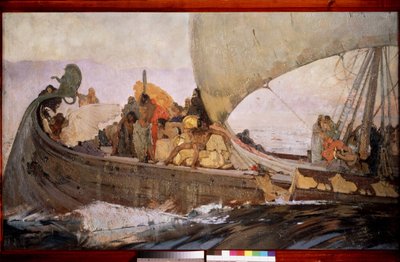 Een reis van de Minoërs. Vertrokken om te varen voor de kust van Kreta. door Grigori Grigoryevich Myasoedov