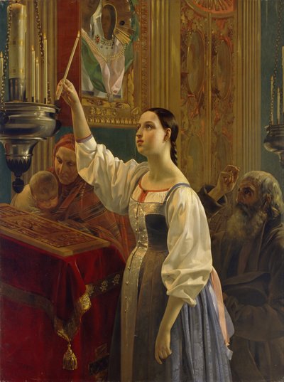 Een meisje plaatste een kaars voor het icoon, 1842 door Grigori Karpovich Mikhaylov
