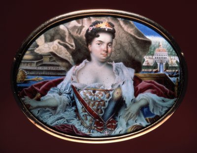 Portret van keizerin Catharina I met een uitzicht op het paleis van Catherinenhof door Grigori Semyonovich Musiklysky
