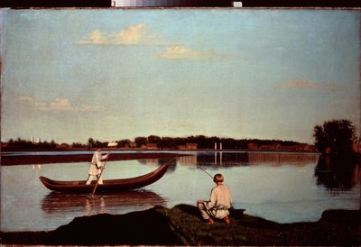 Een visser met een hengel (En een jonge roeier, staand in een boot) door Grigori Vasilievich Soroka