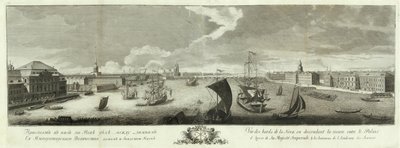 Uitzicht op de Neva Stroomafwaarts tussen het Winterpaleis en de Academie van Wetenschappen Boek ter gelegenheid van het 50-jarig jubileum van Sint-Petersburg, 1753 door Grigory Anikeevich Kachalov