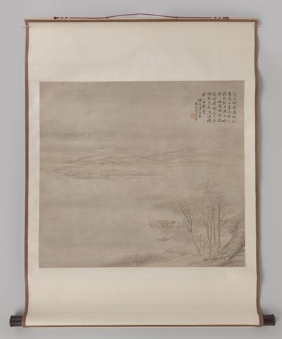 Rivierlandschap bij maanlicht met figuren door Guan Xining