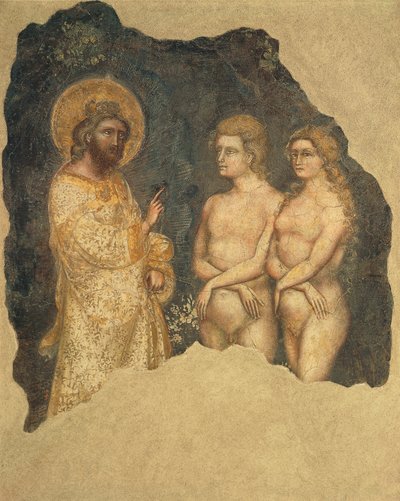 Adam en Eva voor de Eeuwige, door Guariento, fresco, Carrarese Kapel, Galileïsche Academie van Kunsten en Wetenschappen, voorheen Patavina, Padua, Italië, circa 1350 door Guariento di Arpo