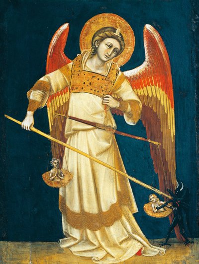 Aartsengel Michaël die zielen weegt, circa 1354, door Guariento, tempera op paneel door Guariento di Arpo