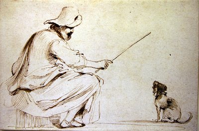 Zittende man die een hond traint door Guercino