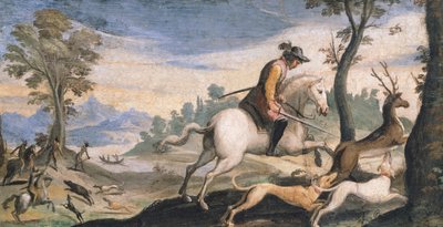 Jacht op herten en wilde zwijnen door Guercino