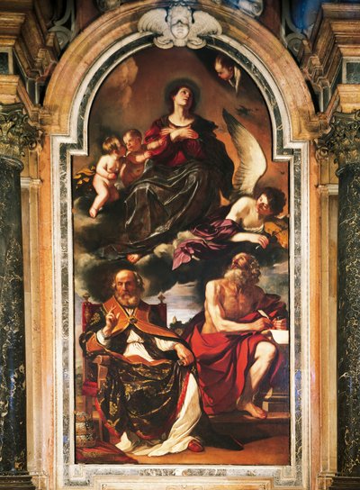 Maria tenhemelopneming met St. Peter en St. Jerome, door Giovanni Francesco Barbieri, bekend als Guercino (1591-1666), olieverf op doek. Santa Maria Assunta Kathedraal, Reggio Emilia. door Guercino