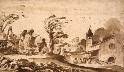 Landschap met een begrafenisstoet door Guercino
