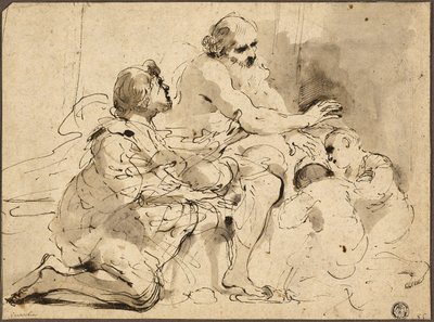 Studie voor Jacob zegent de zonen van Jozef, ca. 1620 (pen en bruine inkt met penseel, grijs en bruin gewassen) door Guercino (1591 1666)