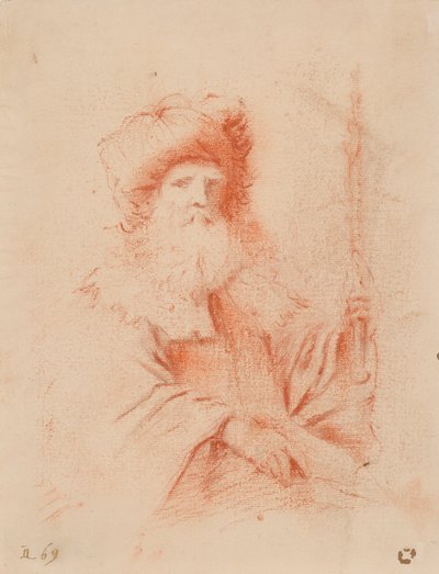 Schets van bebaarde man in tulband door Guercino