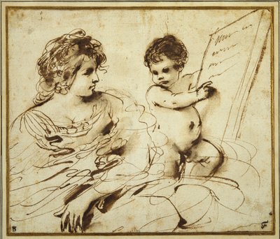 Een zittende Sibylle vergezeld door een putto met een groot beschreven tablet door Guercino