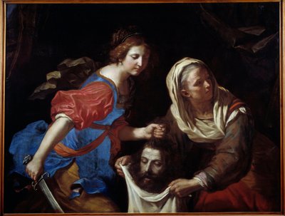 Judith en het hoofd van Holofernes. Haar dienstmaagd Abra houdt de zak vast terwijl Judith het hoofd neerlegt. door Guercino
