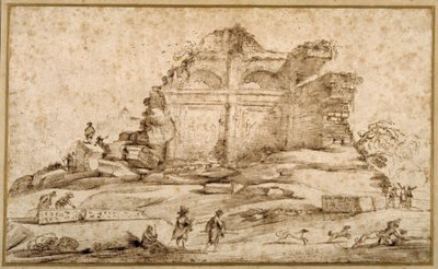 Landschap met klassieke ruïnes en een jongeling aangevallen door honden door Guercino