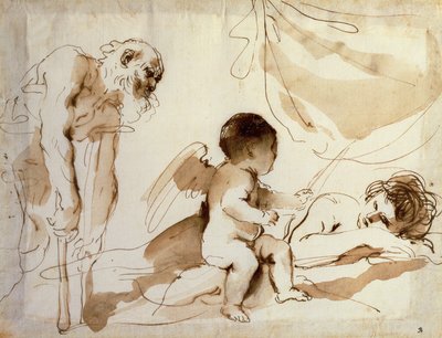 Man op krukken, Cupido en slapende Venus door Guercino