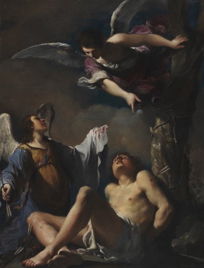Sint Sebastiaan geholpen door twee engelen door Guercino