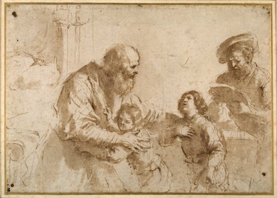 Twee jongens getroost door een bebaarde oudere, terwijl een andere bebaarde, middelbare man een boek leest door Guercino