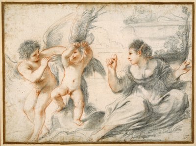Venus berispt Cupido, terwijl een oudere cupido hem aan een boom bindt door Guercino