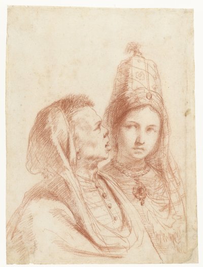 Bustes van een man en een vrouw in exotische kostuums door Guercino