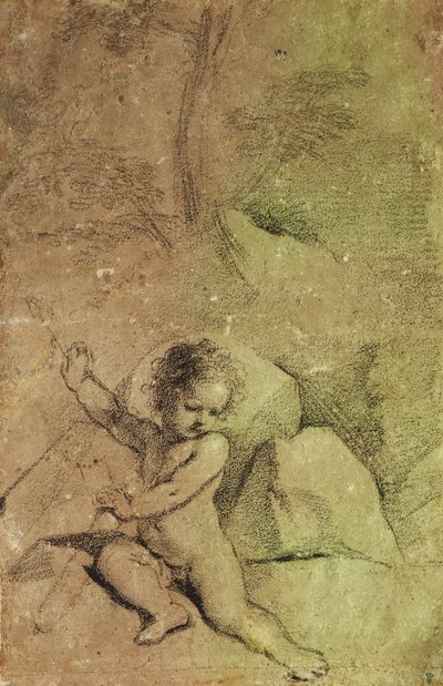 Cupido die een pijl uit een koker trekt, in een landschap door Guercino