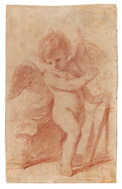 Cupido die een pijl in zijn koker stopt door Guercino