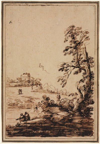 Landschap met kleine groep gebouwen, tweede helft 1700s door Guercino