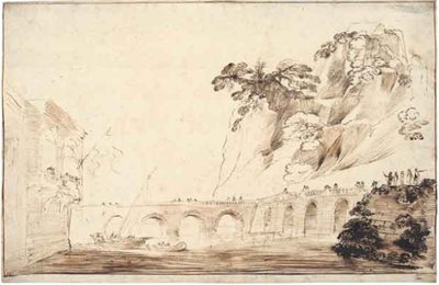 Landschap met een rivier overgestoken door een brug, omzoomd met toeschouwers, leidend naar een gebouw met een overhangende loggia met een groep toeschouwers door Guercino