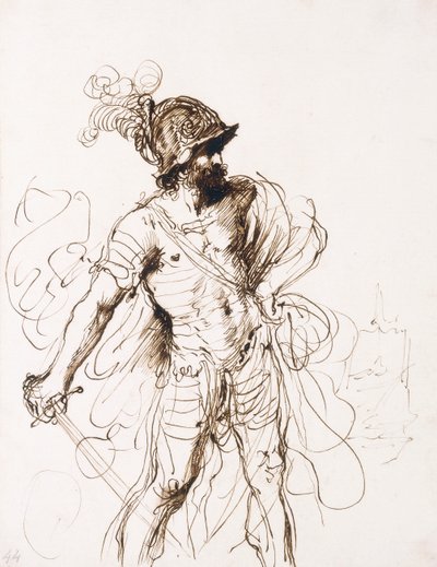 Mars, zijn zwaard getrokken, naar rechts gedraaid door Guercino