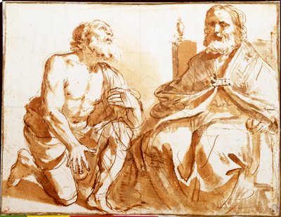 Zittende bisschop en knielende heilige door Guercino