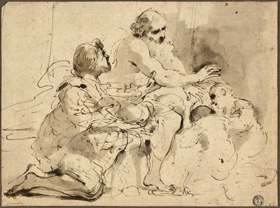 Studie voor Jacob zegent de zonen van Jozef (recto); Schetsen: Sint Christoffel; Twee figuren in gesprek over geld (verso) door Guercino