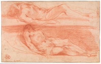 Twee studies van liggende halfnaakte man door Guercino